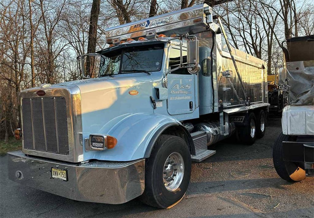 A light blue dump truck parked outdoors near trees on a sunny day.