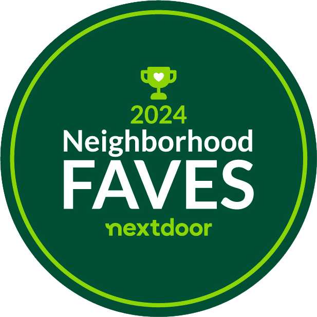 A green circular badge with a gold trophy icon and heart, reading “2024 Neighborhood Faves nextdoor” in white and yellow text.