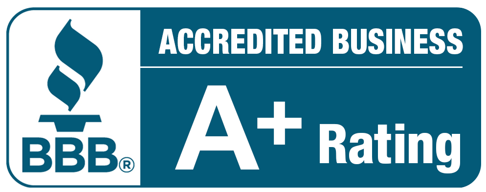 BBB Accredited Business logo with a torch icon and text reading "ACCREDITED BUSINESS A+ Rating" on a blue background.