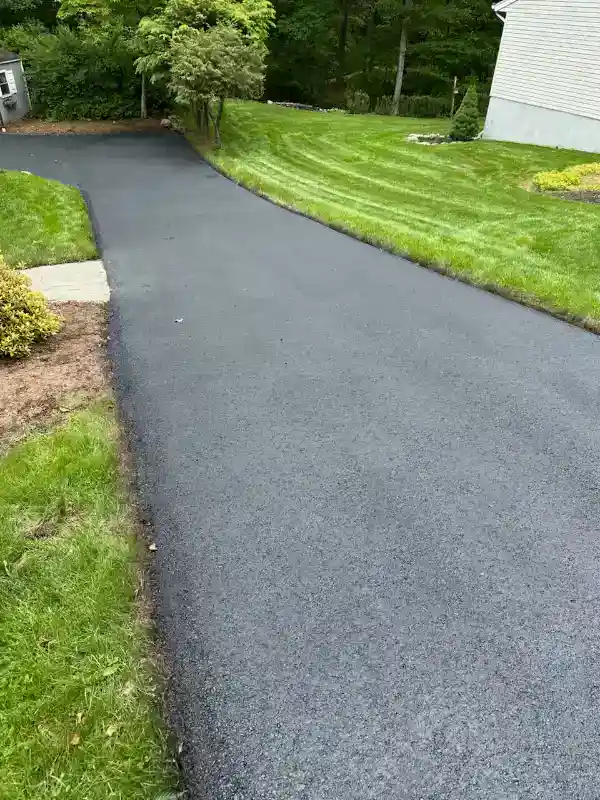 Freshly paved black asphalt driveway bordered by green grass and a landscaped yard.