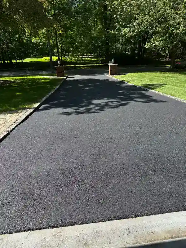 Freshly paved asphalt driveway leading to a tree-lined yard with grass and brick pillars at the end.