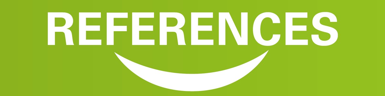 The word "REFERENCES" in bold white letters on a green background with a white curved line below.